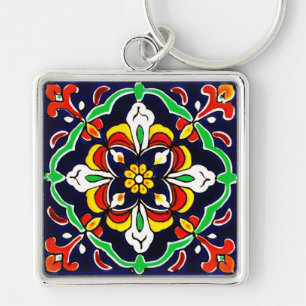 Mexikanska Talavera Terracotta Tile Design No. 2 Fyrkantig Silverfärgad Nyckelring