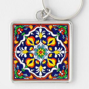 Mexikanska Talavera Terracotta Tile Design No. 3 Fyrkantig Silverfärgad Nyckelring