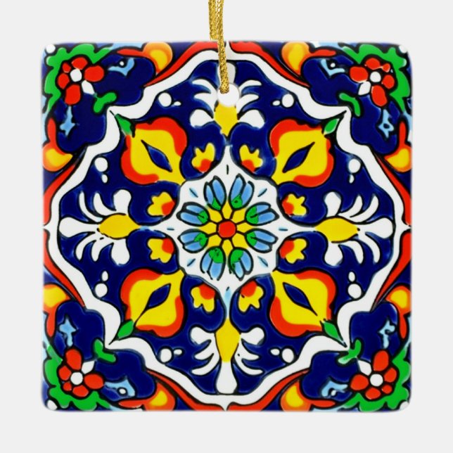 Mexikanska Talavera Terracotta Tile Design No. 3 Julgransprydnad Keramik (Framsida)