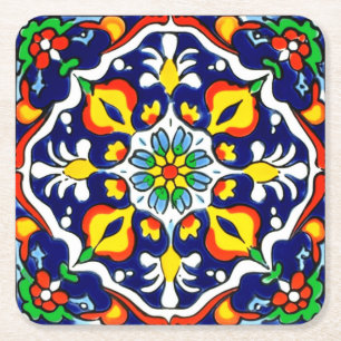 Mexikanska Talavera Terracotta Tile Design No. 3 Underlägg Papper Kvadrat