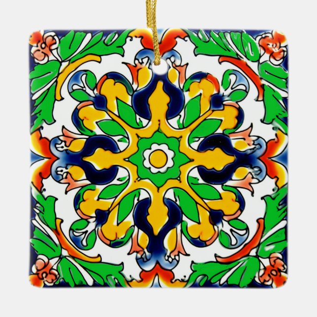 Mexikanska Talavera Terracotta Tile Design No 4 Julgransprydnad Keramik (Framsida)