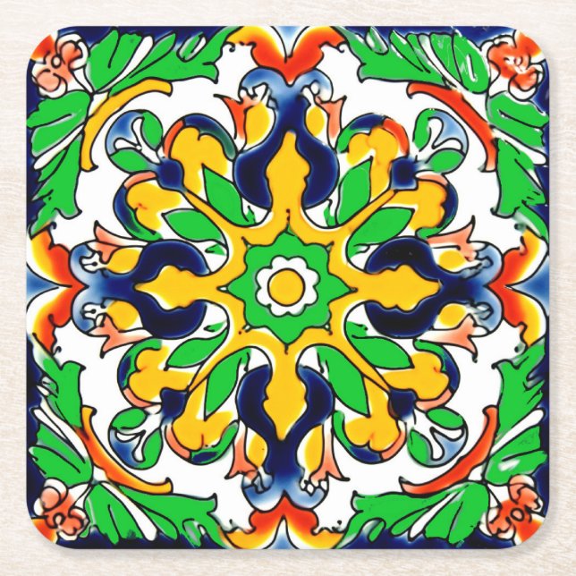 Mexikanska Talavera Terracotta Tile Design No 4 Underlägg Papper Kvadrat (Framsidan)