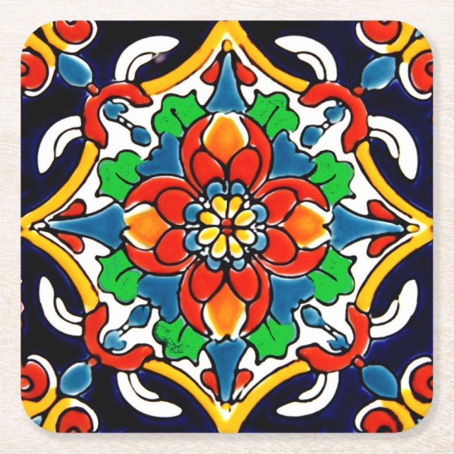 Mexikanska Talavera Terracotta Tile Design No 5 Underlägg Papper Kvadrat (Framsidan)