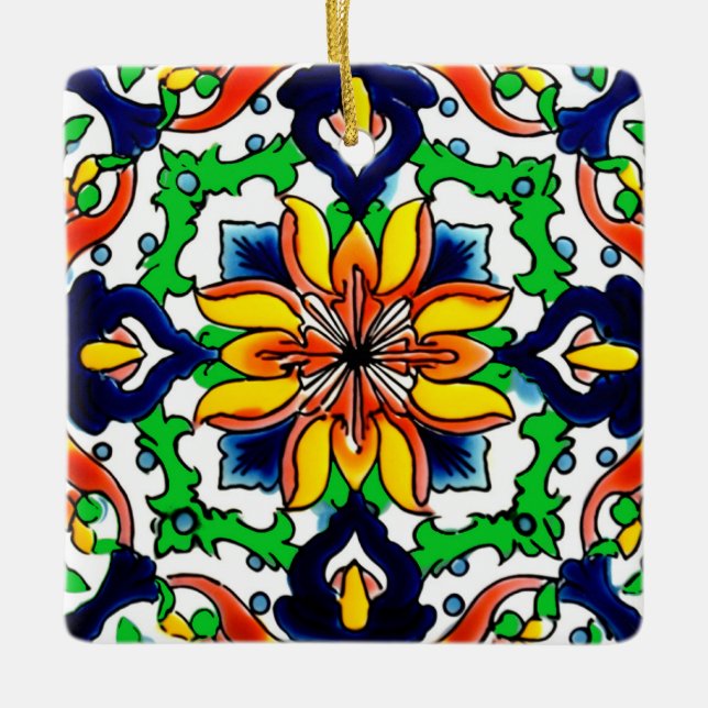 Mexikanska Talavera Terracotta Tile Design No 6 Julgransprydnad Keramik (Framsida)