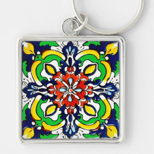 Mexikanska Talavera Terracotta Tile Design No. 7 Fyrkantig Silverfärgad Nyckelring