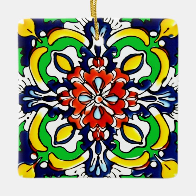 Mexikanska Talavera Terracotta Tile Design No. 7 Julgransprydnad Keramik (Framsida)