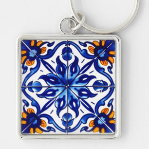 Mexikanska Talavera Terracotta Tile Design No 8 Fyrkantig Silverfärgad Nyckelring