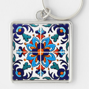 Mexikanska Talavera Terracotta Tile Design No 9 Fyrkantig Silverfärgad Nyckelring