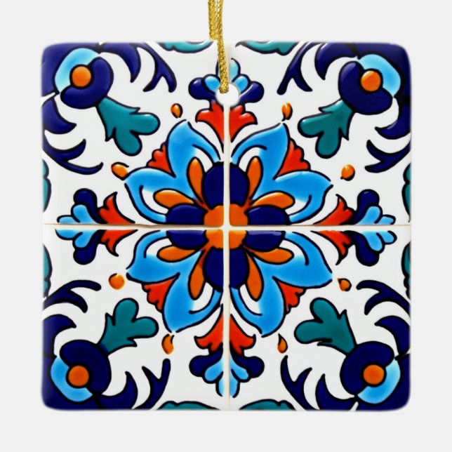 Mexikanska Talavera Terracotta Tile Design No 9 Julgransprydnad Keramik (Framsida)