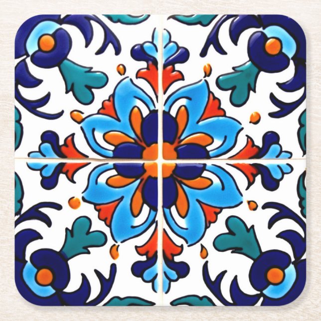 Mexikanska Talavera Terracotta Tile Design No 9 Underlägg Papper Kvadrat (Framsidan)