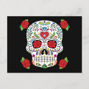 Mexikanska Tattoo Sugar Skull och Röd ros Vykort