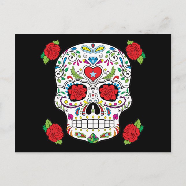Mexikanska Tattoo Sugar Skull och Röd ros Vykort (Framsida)