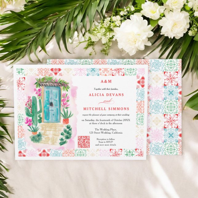 Mexikanska tropiska vattenfärgen QR-destinationsbr Inbjudningar (Mexico tropical watercolor QR destination wedding Invitation)