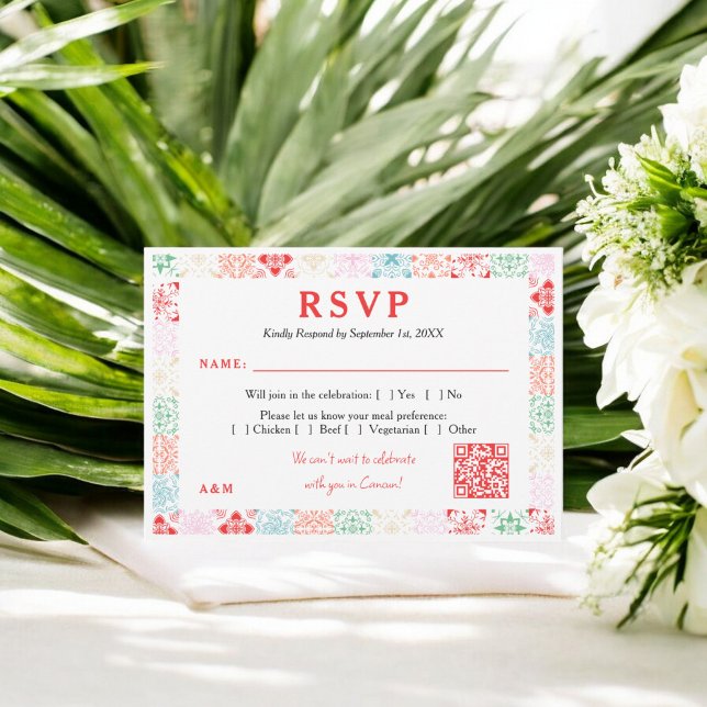 Mexikanska tropiska vattenfärgen QR-destinationsbr OSA Kort (Mexico tropical watercolor QR destination wedding RSVP Card)