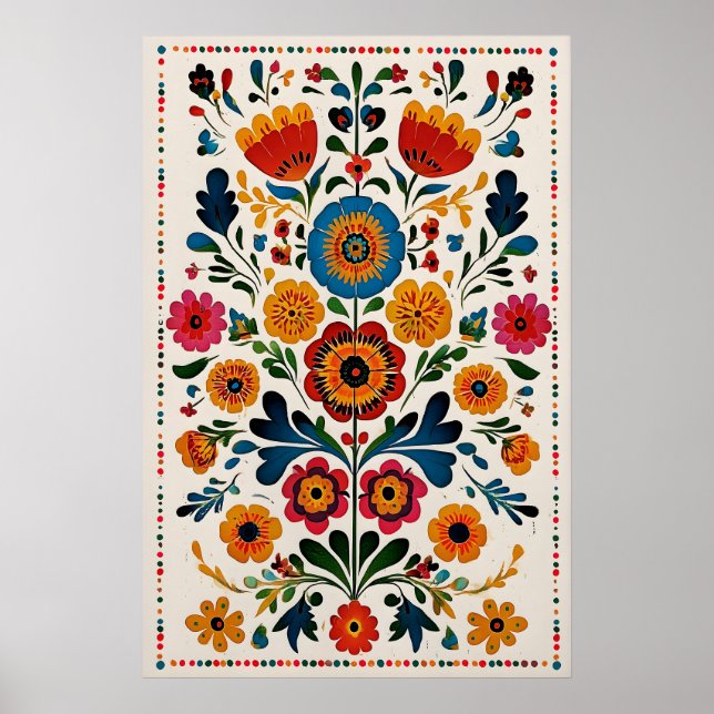 Mexikanskt blomsterkonsttryck Vibrerande Otomi-Ins Poster (Framsidan)