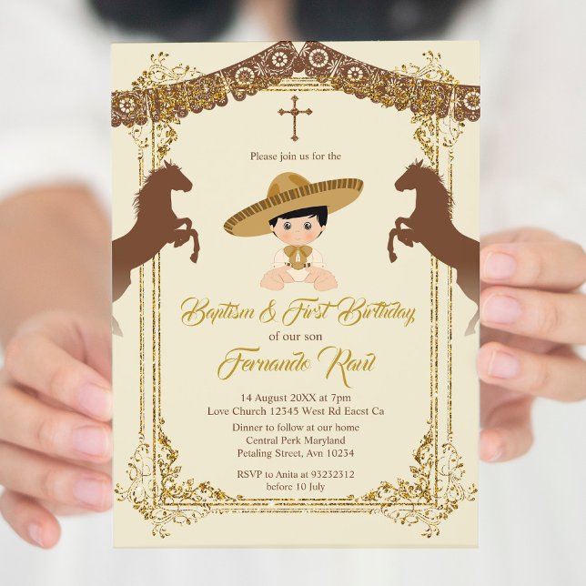 Mexikanskt Guld Brown Fiesta Boy Baptism Christeni Inbjudningar (Skapare uppladdad)