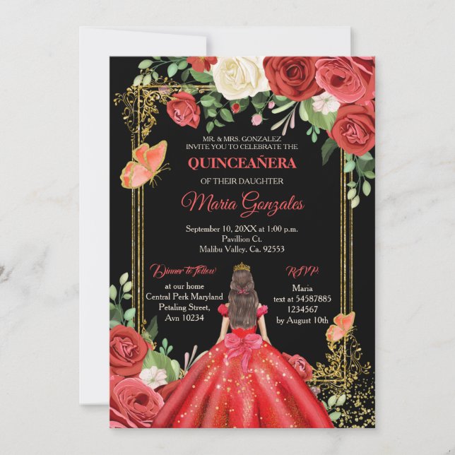 Mexikanskt korallrött princess Quinceanera Butterf Inbjudningar (Framsida)
