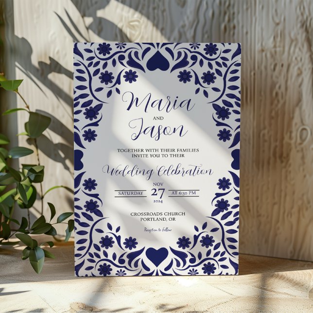 Mexikanskt Navy Blå Blommig Elegant Romantiskt Brö Inbjudningar (Mexican Navy Blue Floral Elegant Romantic Wedding Invitation)