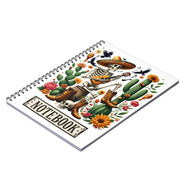 Mexikanskt skelett som spelar gitarr mellan cacti anteckningsbok (Vänstra Sidan)