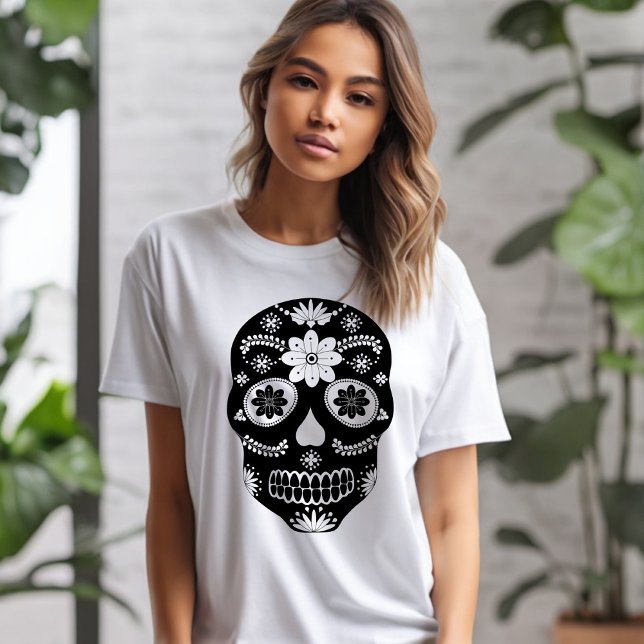 Mexikanskt socker Skull 2 svart och vitt T-skirt T Shirt (Skapare uppladdad)