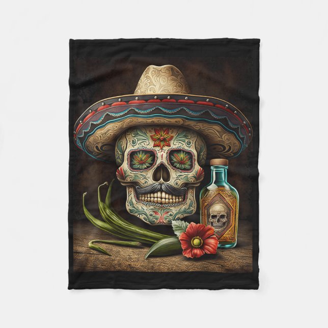 Mexikanskt socker Skull Tequila Sombrero Cinco De  Fleecefilt (Framsidan)