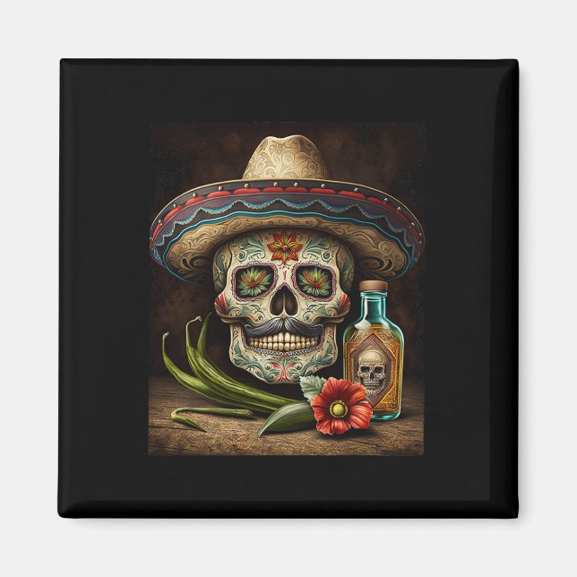 Mexikanskt socker Skull Tequila Sombrero Cinco De  Magnet (Framsidan)