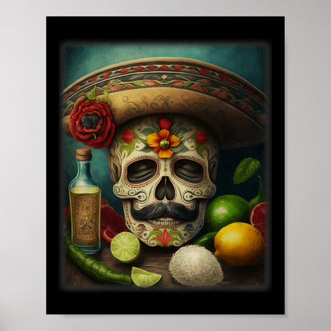 Mexikanskt socker Skull Tequila Sombrero Cinco De  Poster (Framsidan)