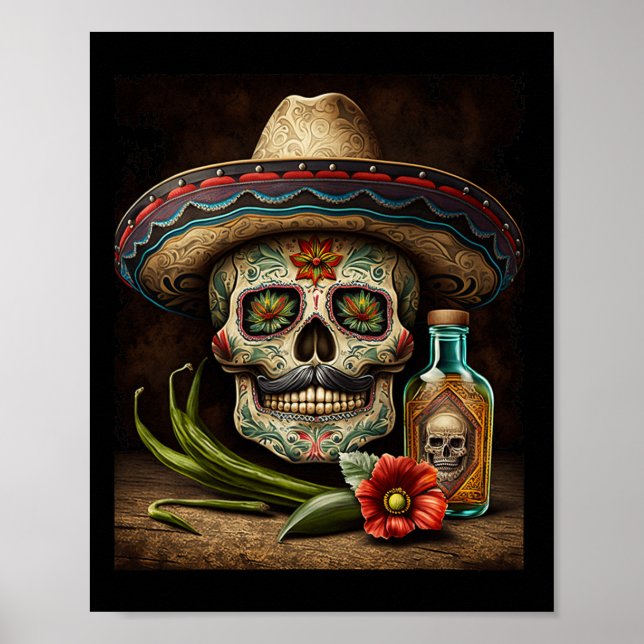 Mexikanskt socker Skull Tequila Sombrero Cinco De  Poster (Framsidan)