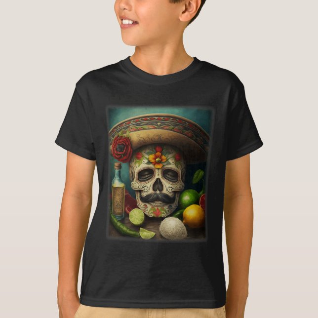Mexikanskt socker Skull Tequila Sombrero Cinco De  T Shirt (Framsida)