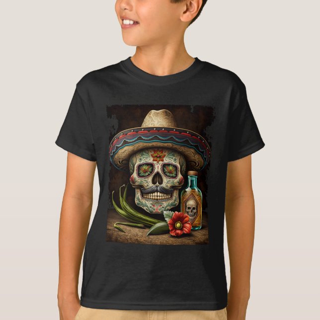 Mexikanskt socker Skull Tequila Sombrero Cinco De  T Shirt (Framsida)