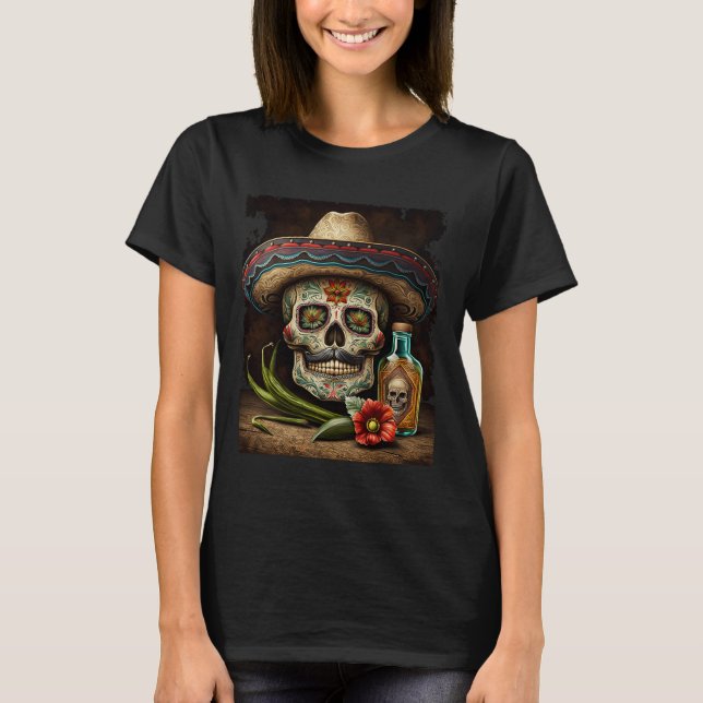 Mexikanskt socker Skull Tequila Sombrero Cinco De  T Shirt (Framsida)