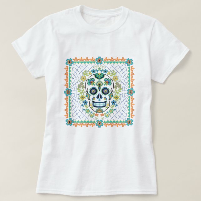 Mexikanskt sockerskal med akvatiska blommor t shirt (Design framsida)