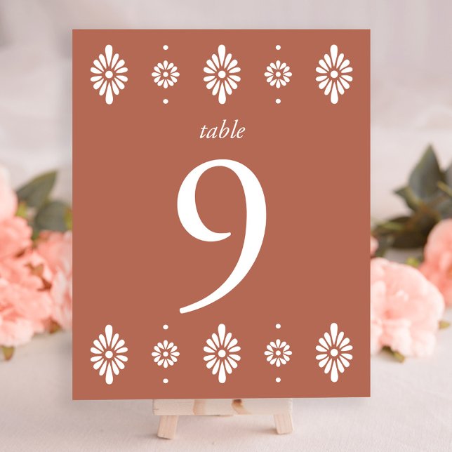 Mexikanskt Terra Cotta Bröllop Bordsnummer (Mexican Terra Cotta Wedding Table Number by Fiesta Valley Print)