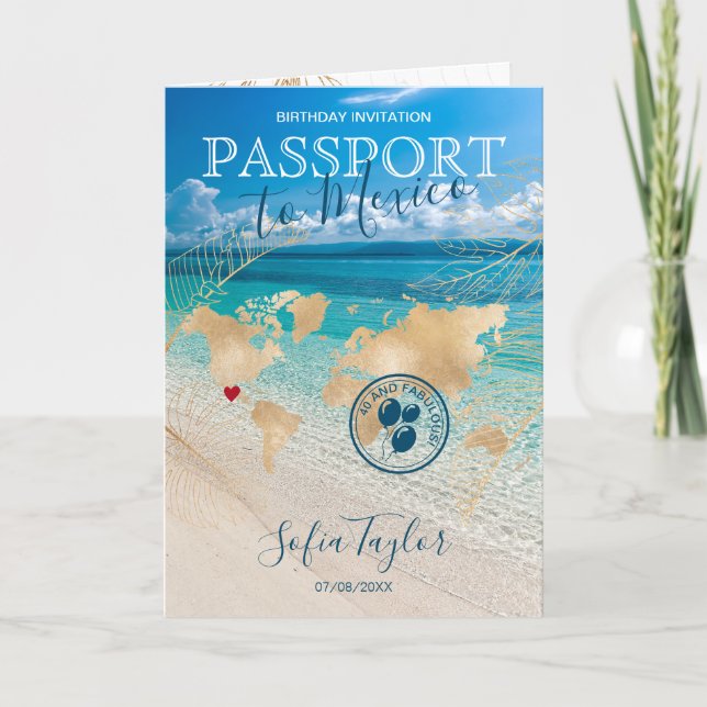 Mexiko 40 och Fabulous Birthday Passport Karta Inbjudan (Framsida)
