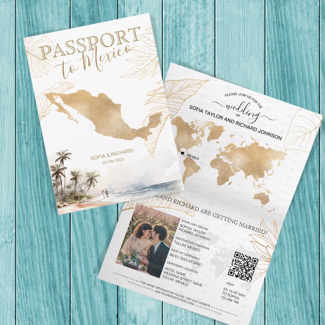 Mexiko Beach Destinationsbröllop Passport QR-kod Inbjudan (beach wedding palm tree)
