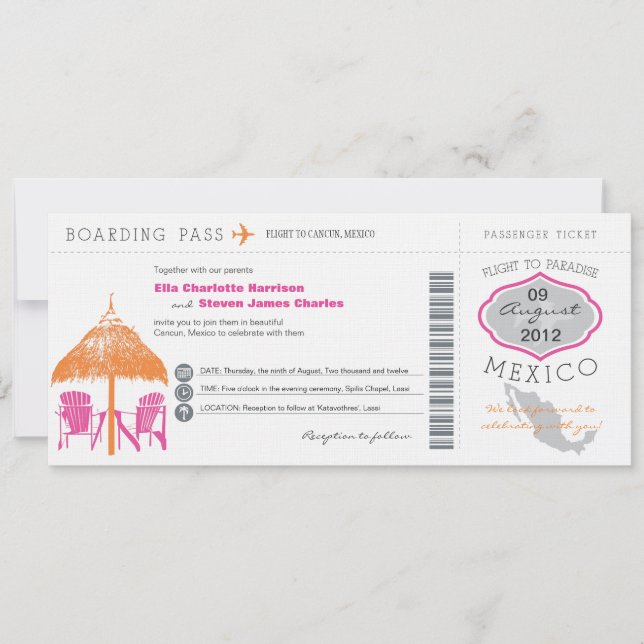 Mexiko Boarding Pass Wedding bjudande Inbjudningar (Framsida)