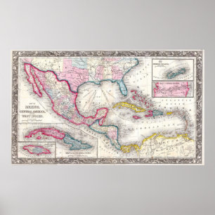 Mexiko, Centralamerika och Västindien Karta (1860) Poster