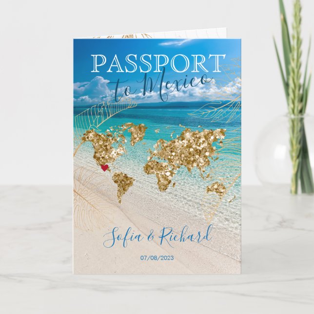 Mexiko Destinationsbröllopspass Guld Karta Inbjudan (Framsida)