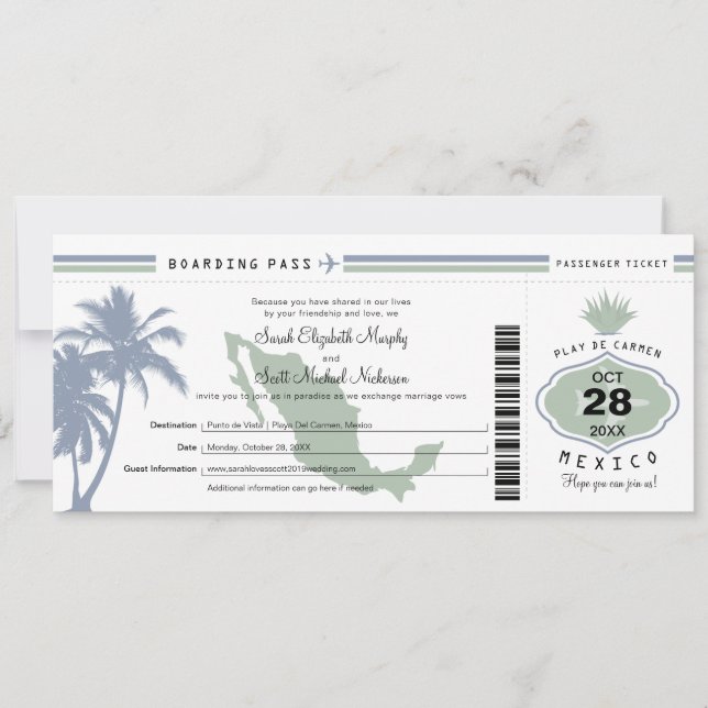 Mexiko Handflatan Träd Agave Boarding Pass Bröllop Inbjudningar (Framsida)