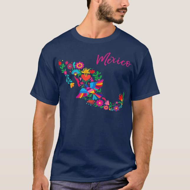 Mexiko Karta Blommigt Otomi Mexican Emboidery Bird T Shirt (Framsida)