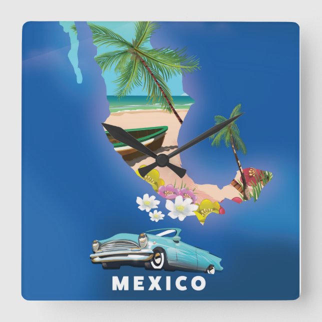 Mexiko Kartillustration reseposter. Fyrkantig Klocka (Framsida)