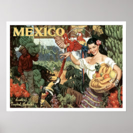 Mexiko, kvinna med tropiska frukter och papegojor poster