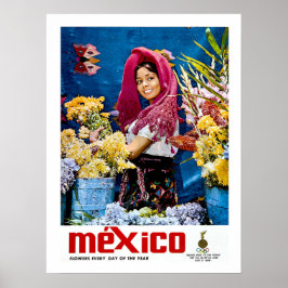 Mexiko, leende flicka med blommor, vintage, resa poster