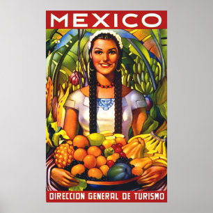 Mexiko, leende kvinna med tropiska frukter, vintag poster