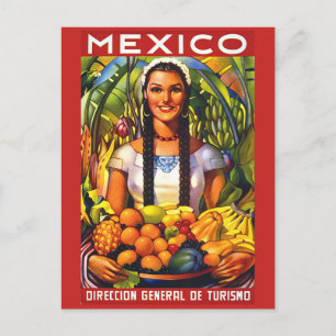 Mexiko, leende kvinna med tropiska frukter, vintag vykort
