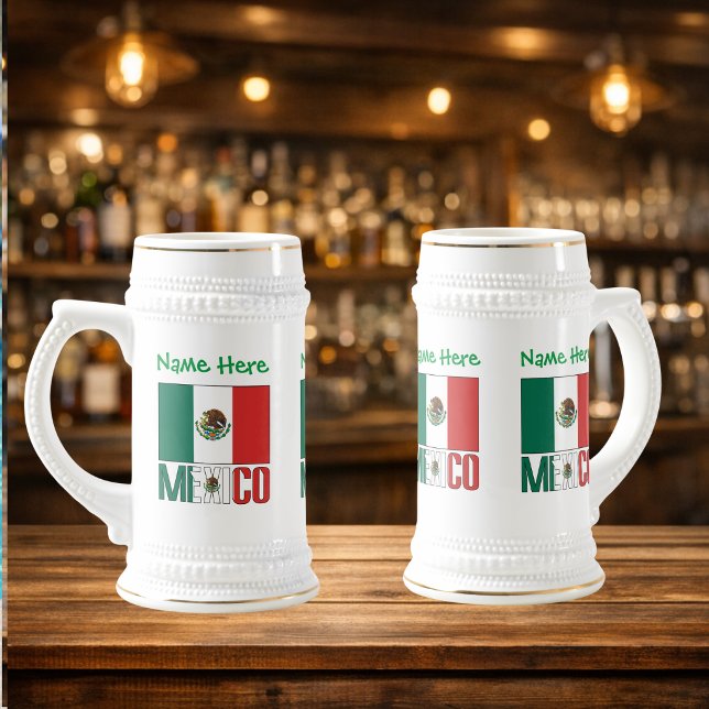 Mexiko Mexikansk Flagga Grön Personalisering  Sejdel (Personalized beer stein with design on three sides. Mexican Flag and MEXICO with name above.)
