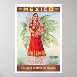 Mexiko, mexikansk kvinna med korg med tropisk fruk poster