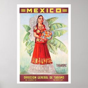 Mexiko, mexikansk kvinna med korg med tropisk fruk poster