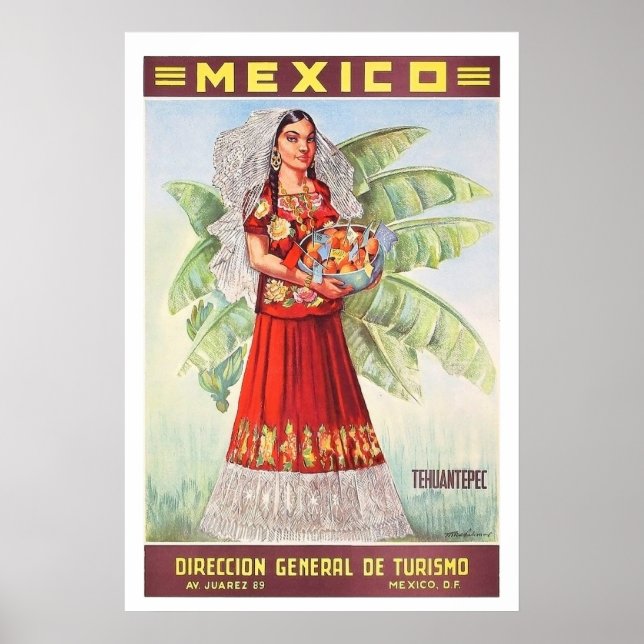 Mexiko, mexikansk kvinna med korg med tropisk fruk poster (Framsidan)