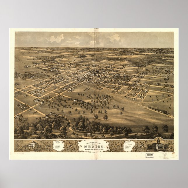 Mexiko Missouri 1869 Antique Panoramic Karta Poster (Framsidan)